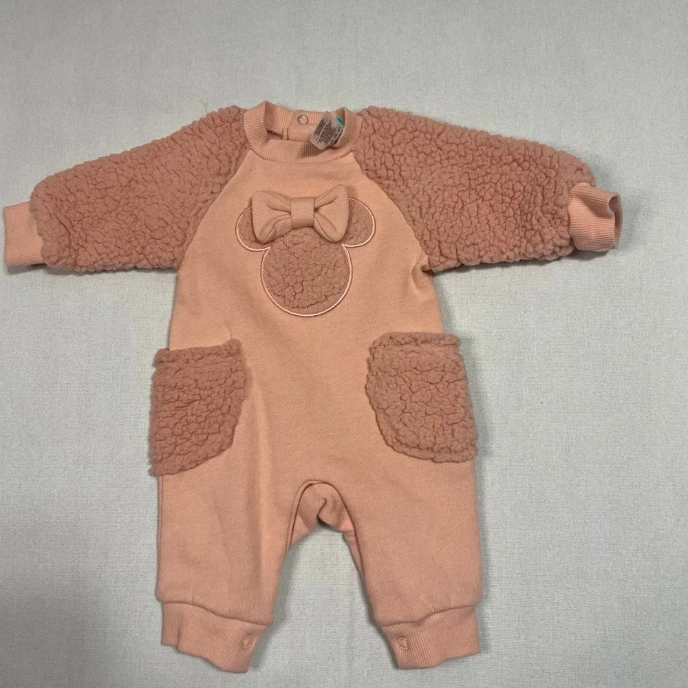 Disney Baby Minnie‎ Mouse Pink Sherpa Fleece Hooded Footed Jumpsuit - SizeNB